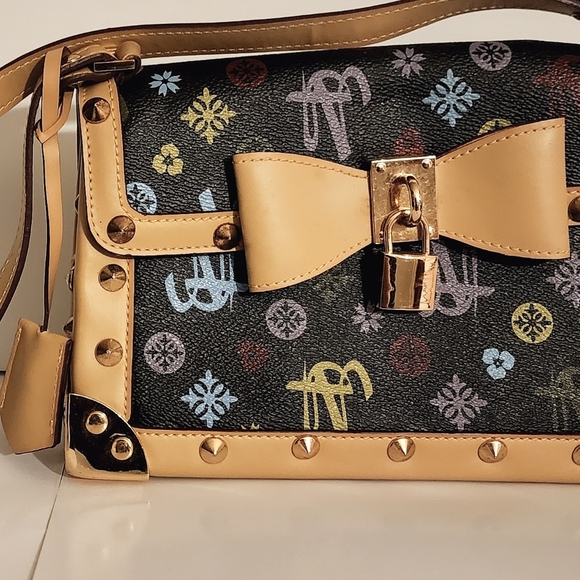 Tweedy Bow Monogram Signature Satchel Purse Bow Snap Closure Black Multicolor - Picture 2 of 11